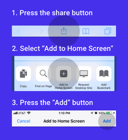 Share, Add to home screen, Confirm