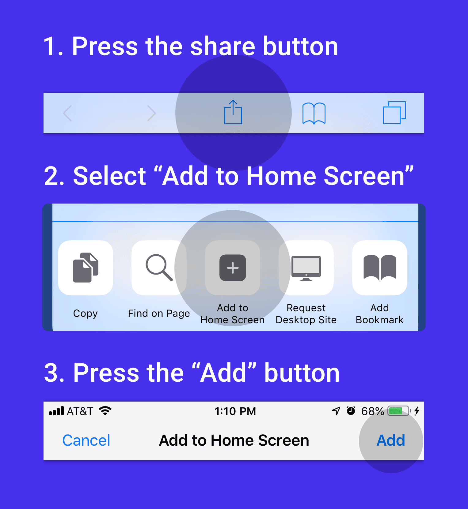 Share, Add to home screen, Confirm